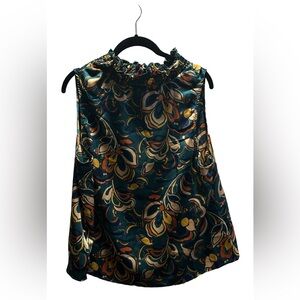 Teal Floral Sleeveless Satin Blouse with Ruffled Neckline